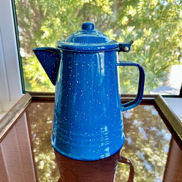 Vintage Tres Troquelles Blue Enamelware Coffee Pot White Spatter Folk  art 1970s - Picture 3 of 13